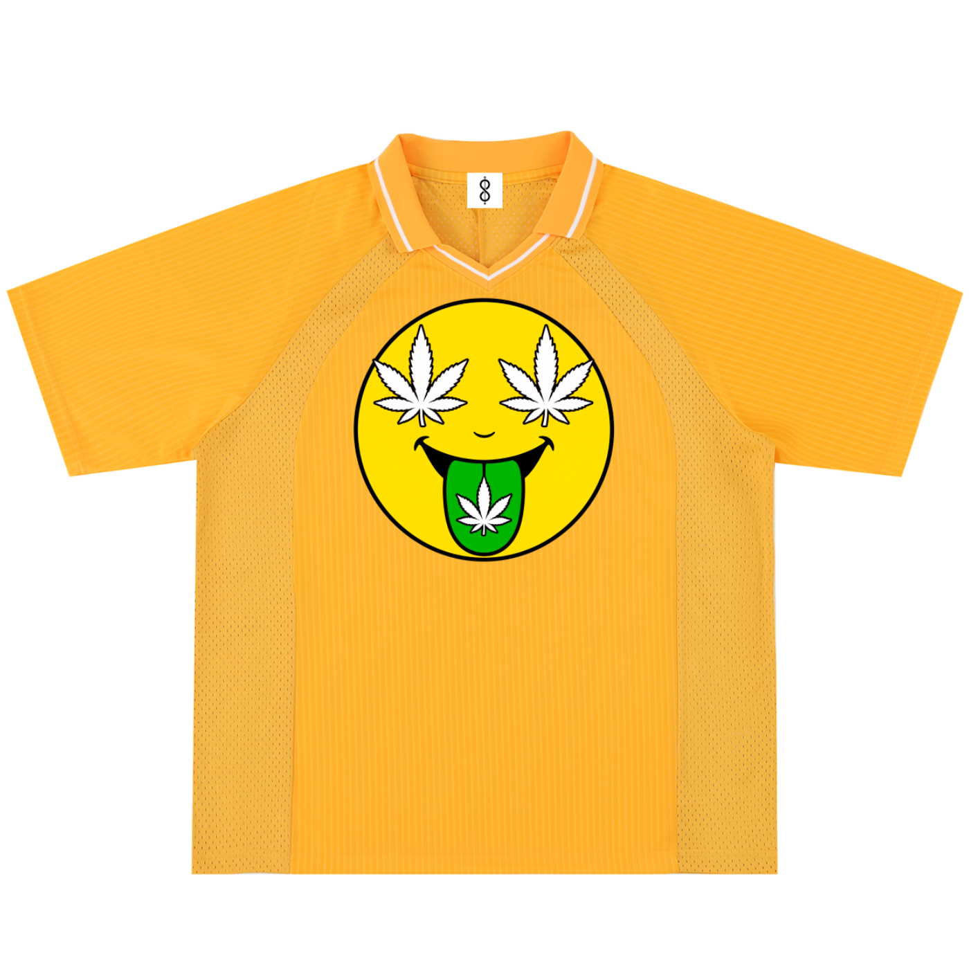 A yellow short-sleeve polo shirt with a mock neck and a large graphic on the chest featuring a yellow smiley face with white cannabis leaves for eyes and a green tongue with a cannabis leaf.