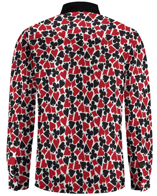 Shop the Iron + Ivy The House Always Wins Peach Velvet Shirt by Teddy Blaze. Long sleeve button-down in soft peach velvet featuring a playing card suits pattern and contrast black collar