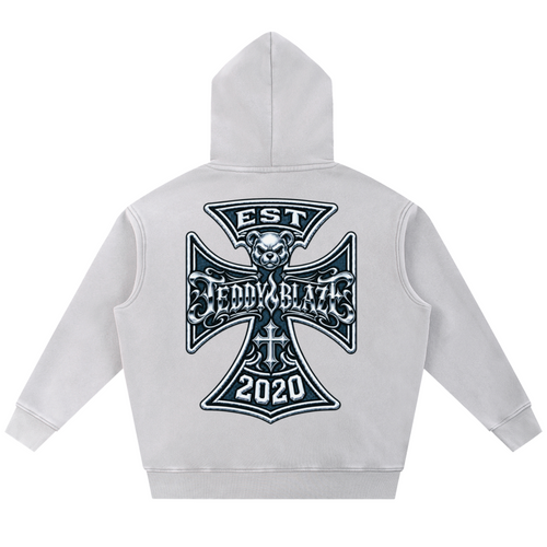 Shop the Fuego Cruz Snow Washed Fleece Pullover Hoodie by Teddy Blaze. Heavyweight 355 gsm snow-wash fleece hoodie with gothic chest logo and DaCruz back crest.