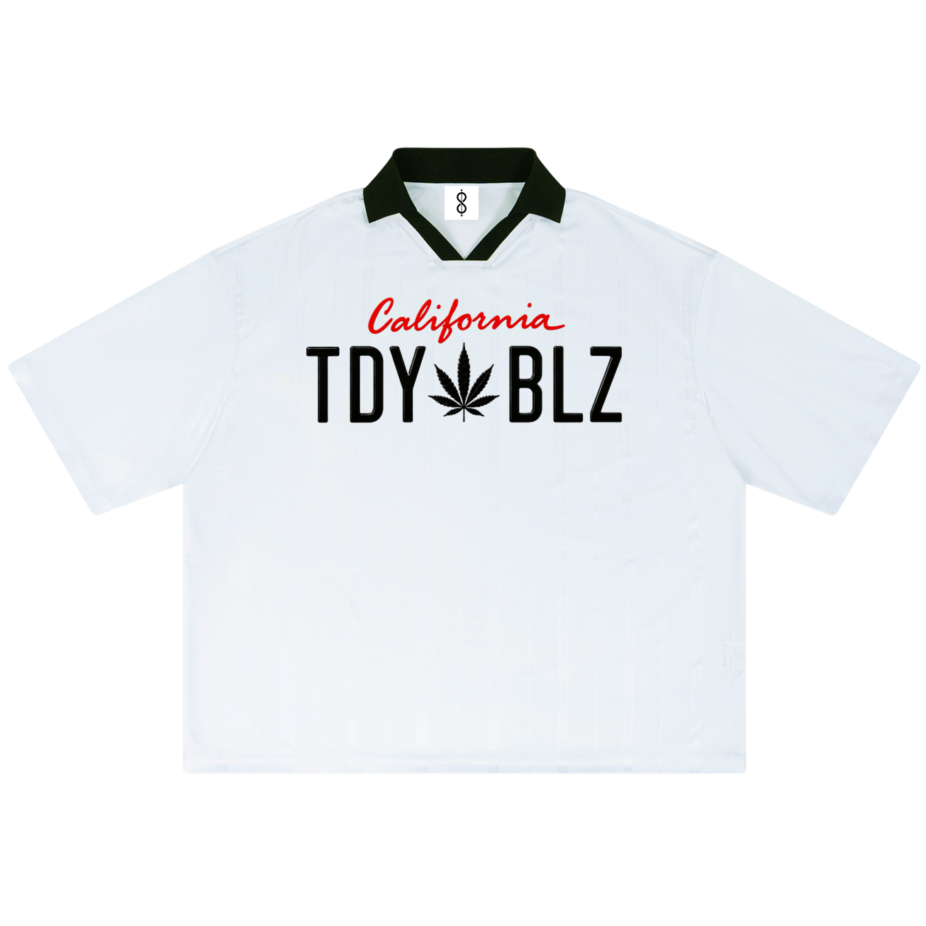A white short-sleeve polo shirt with a black collar, featuring 'California TDY BLZ' printed on the chest in red and black, with a black cannabis leaf graphic.