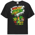 A black short-sleeve t-shirt with a colorful graphic on the front featuring the text 'TEDDY BLAZE' in red, yellow, and green, above a smoking bong and cannabis leaves.