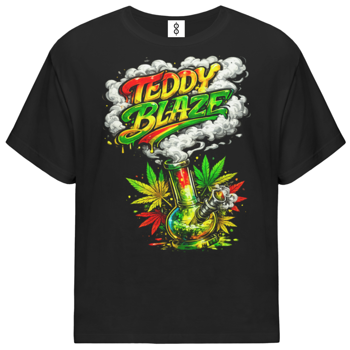 A black short-sleeve t-shirt with a colorful graphic on the front featuring the text 'TEDDY BLAZE' in red, yellow, and green, above a smoking bong and cannabis leaves.