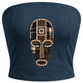 A navy blue strapless tube top featuring a large, detailed African tribal mask graphic on the front, set against a plain white background.