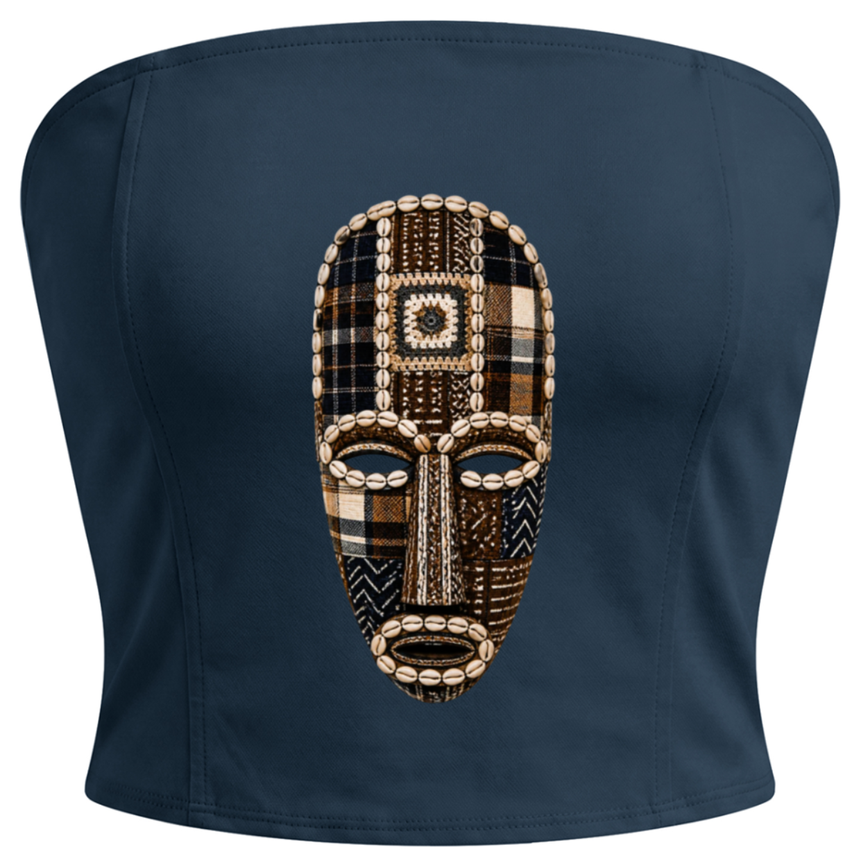 A navy blue strapless tube top featuring a large, detailed African tribal mask graphic on the front, set against a plain white background.