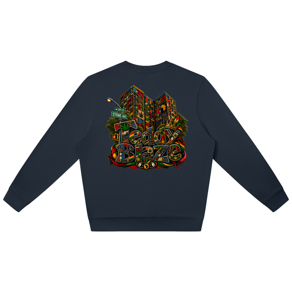 Shop the ENY Bearatoo Oversized Jumper, a unisex Teddy Blaze graphic layer connecting East New York, AfroBohemian style and Afrodemia Americana.