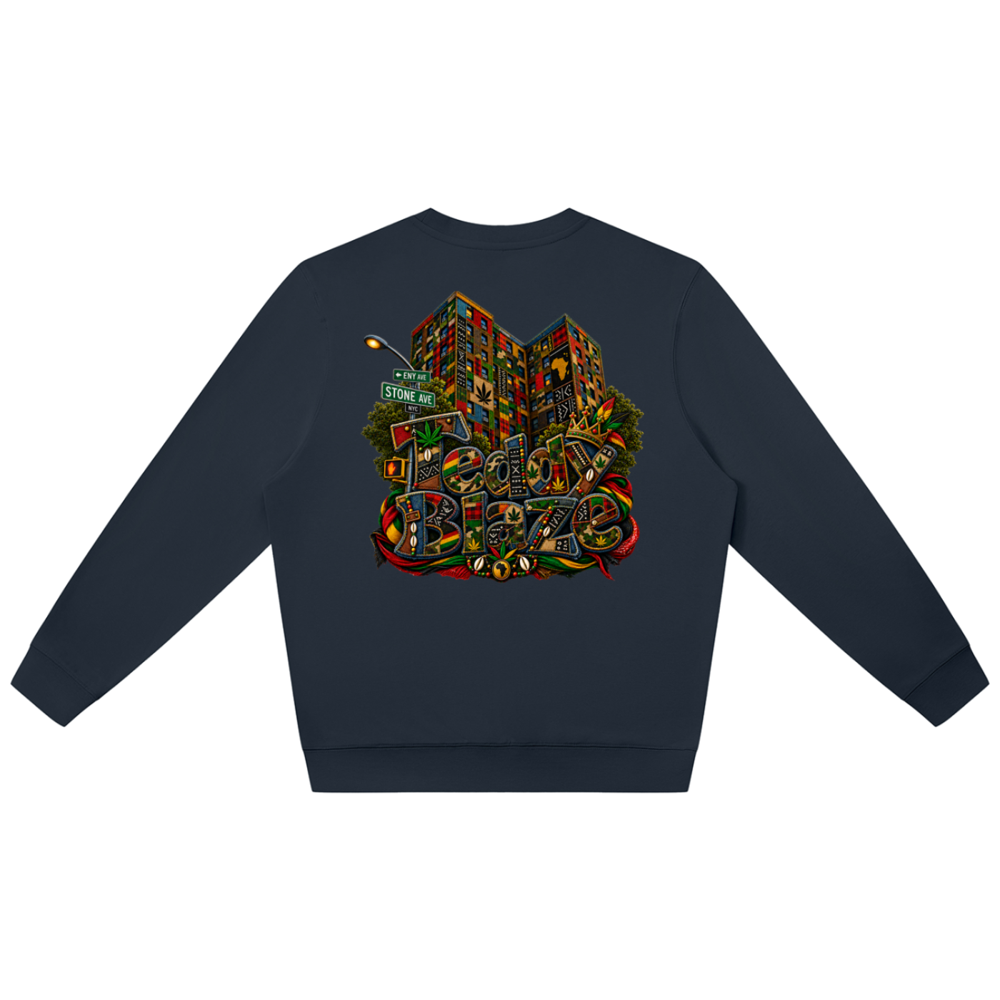 Shop the ENY Bearatoo Oversized Jumper, a unisex Teddy Blaze graphic layer connecting East New York, AfroBohemian style and Afrodemia Americana.
