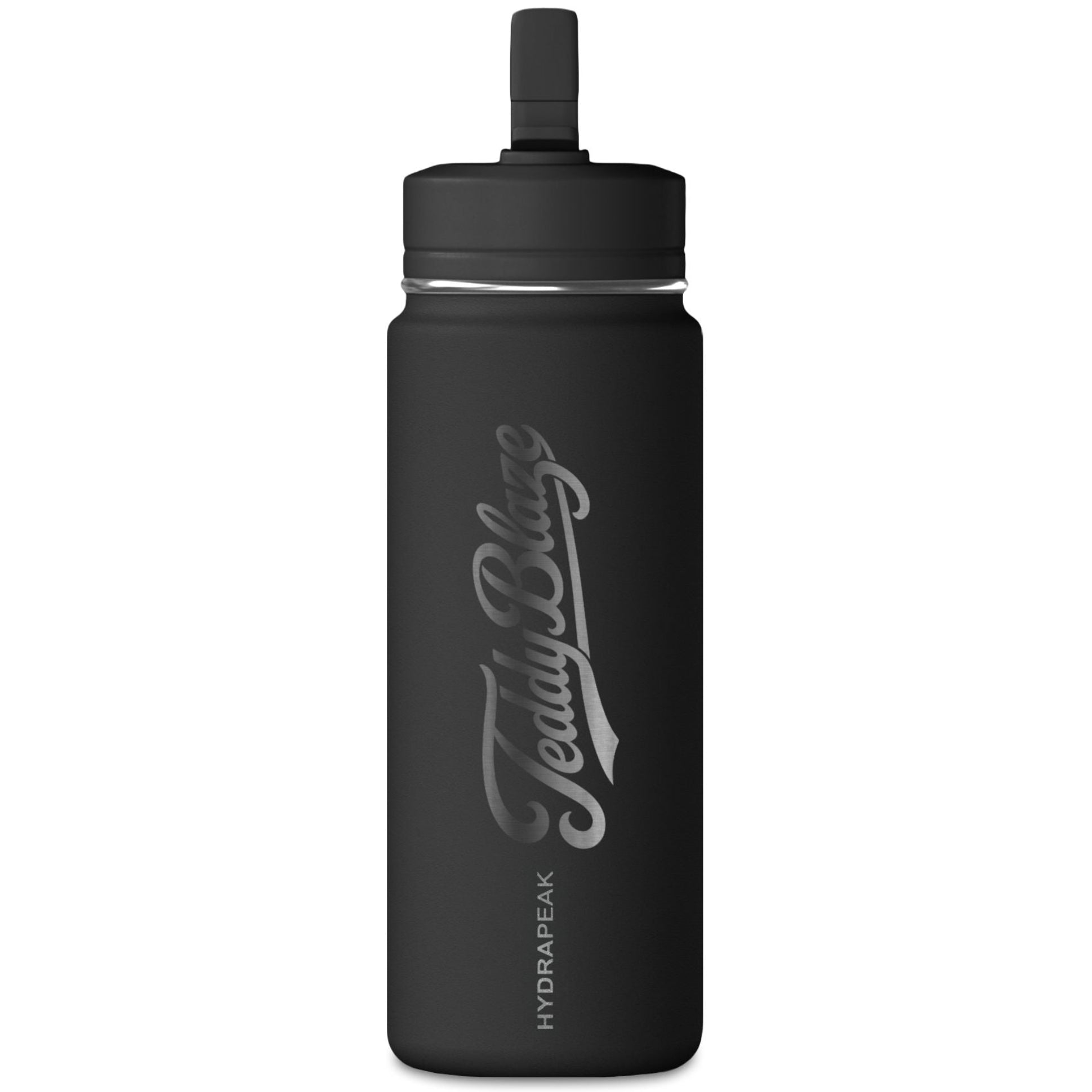 A matte black insulated water bottle with a matching black lid and straw, featuring a silver gradient 'Teddy Dog' logo and 'HYDRAPEAK' text on the front, set against a plain white background.