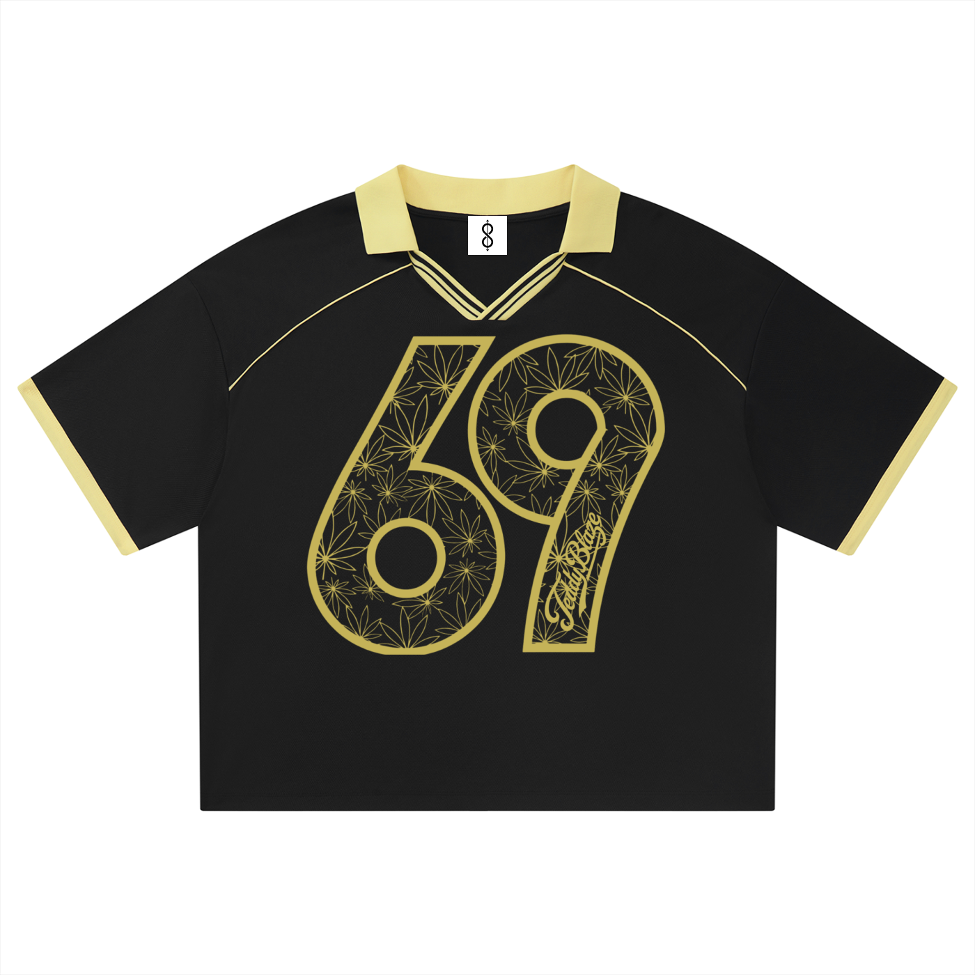 A black short-sleeve retro-style jersey with a gold collar and sleeve trim, featuring a large gold number 69 with floral line art and the word 'Surrey' on the front.
