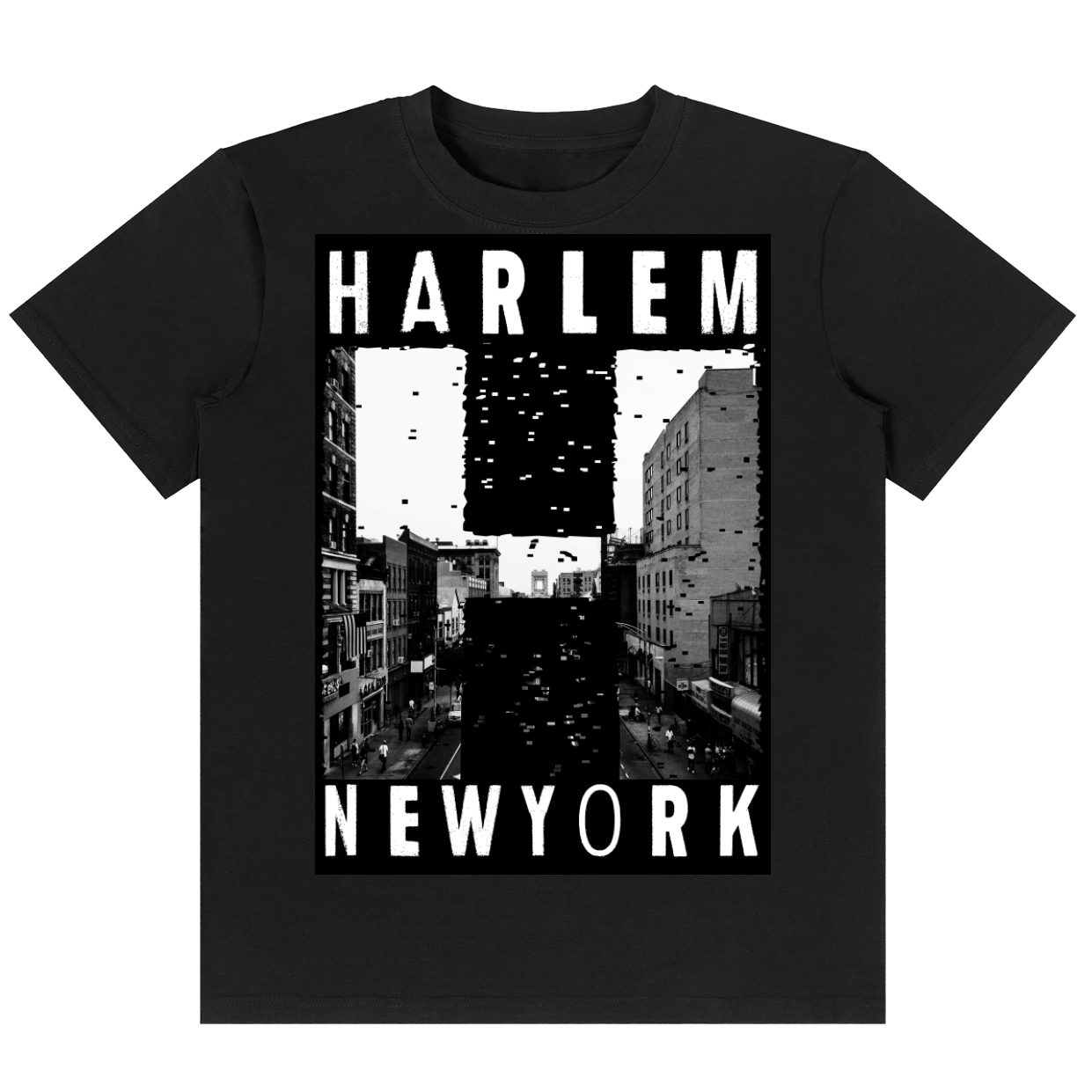 A black short-sleeve crewneck t-shirt featuring a bold black and white graphic print on the front with the words 'HARLEM NEWYORK' framing a stylized city street scene.