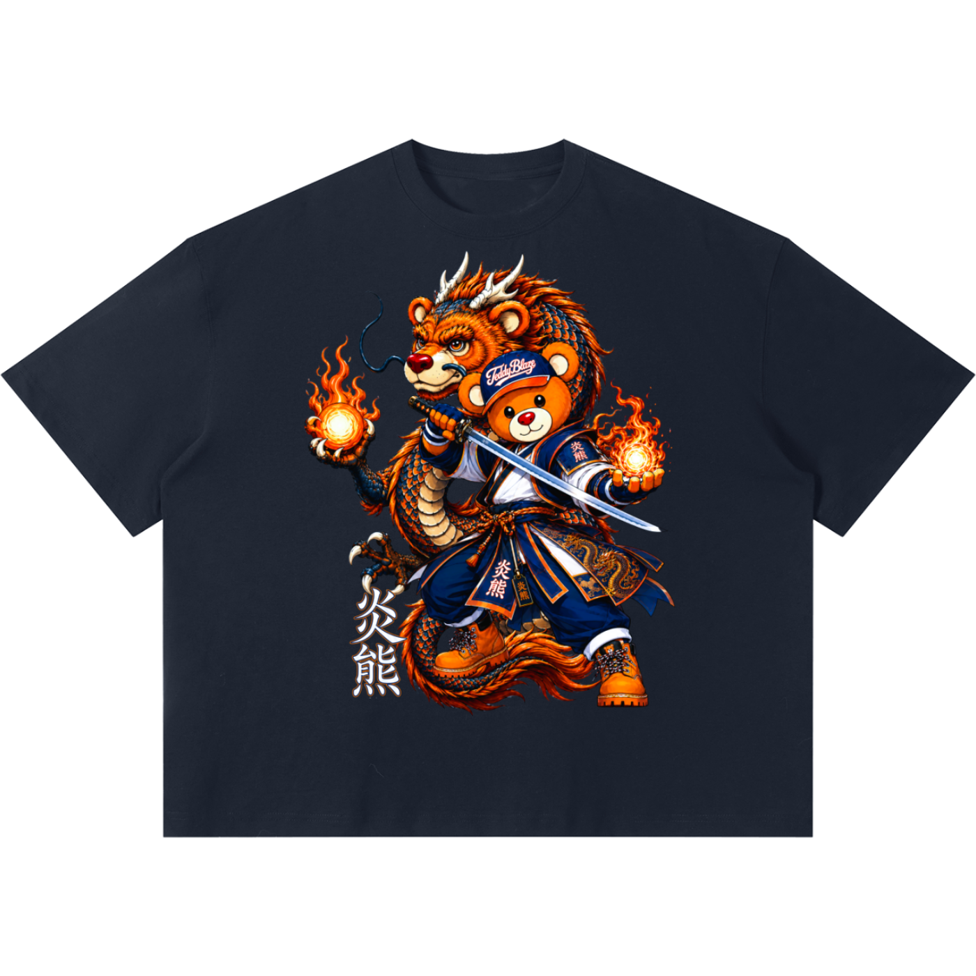 Shop the Team Dragon Boxy Tee by Teddy Blaze. 220 GSM cotton-poly oversized drop-shoulder t-shirt with samurai dragon graphic from TOPS BY TEDDY BLAZE.