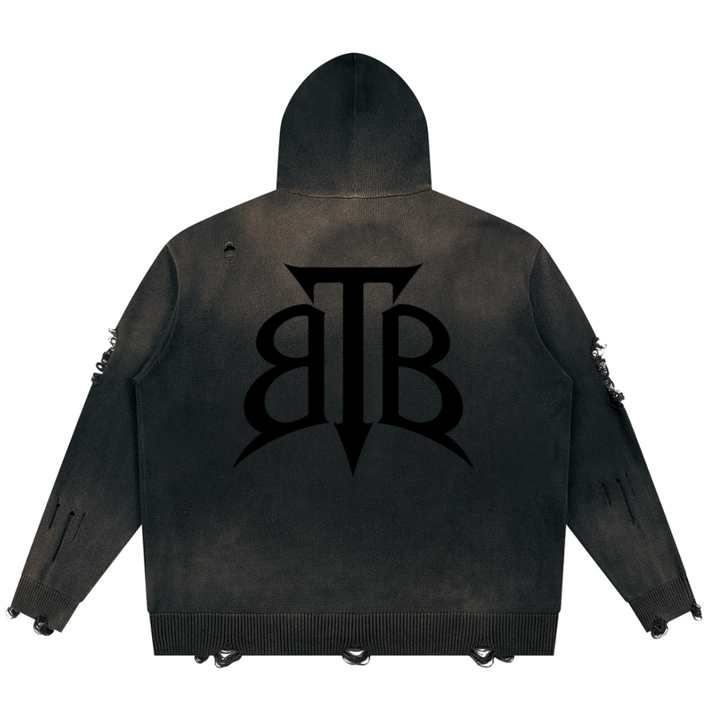 Shop the Signature Cachet Heavyweight Distressed Cotton Zip Up Hoodie by Teddy Blaze. 760 GSM destroyed washed black cotton zip hoodie featuring the Cachet emblem from The Mature Mocha Collection.
