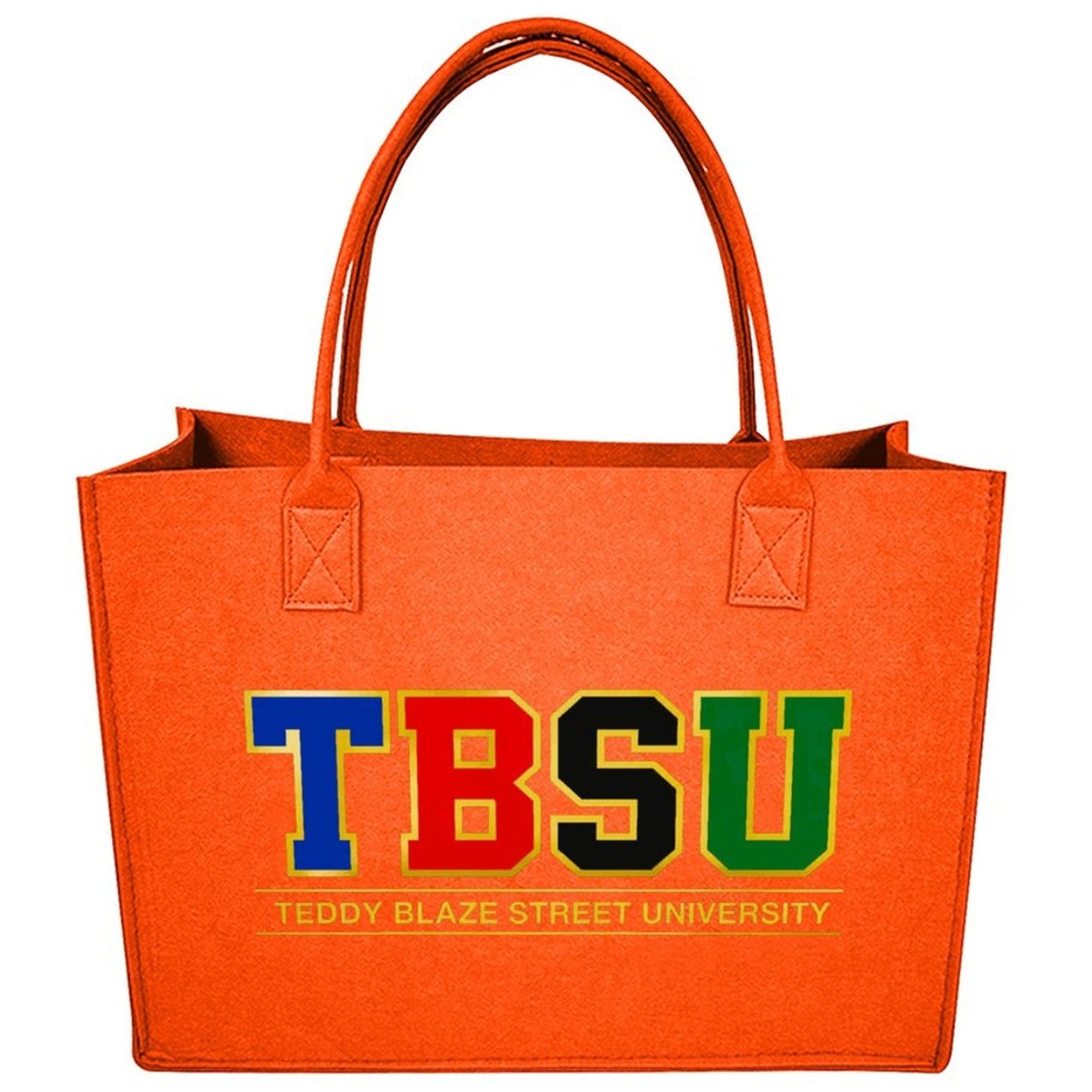 An orange felt tote bag with double shoulder straps, featuring the letters 'TBSU' in blue, red, black, and green, with 'TEDDY BLAZE STREET UNIVERSITY' printed below in yellow, on a white background.