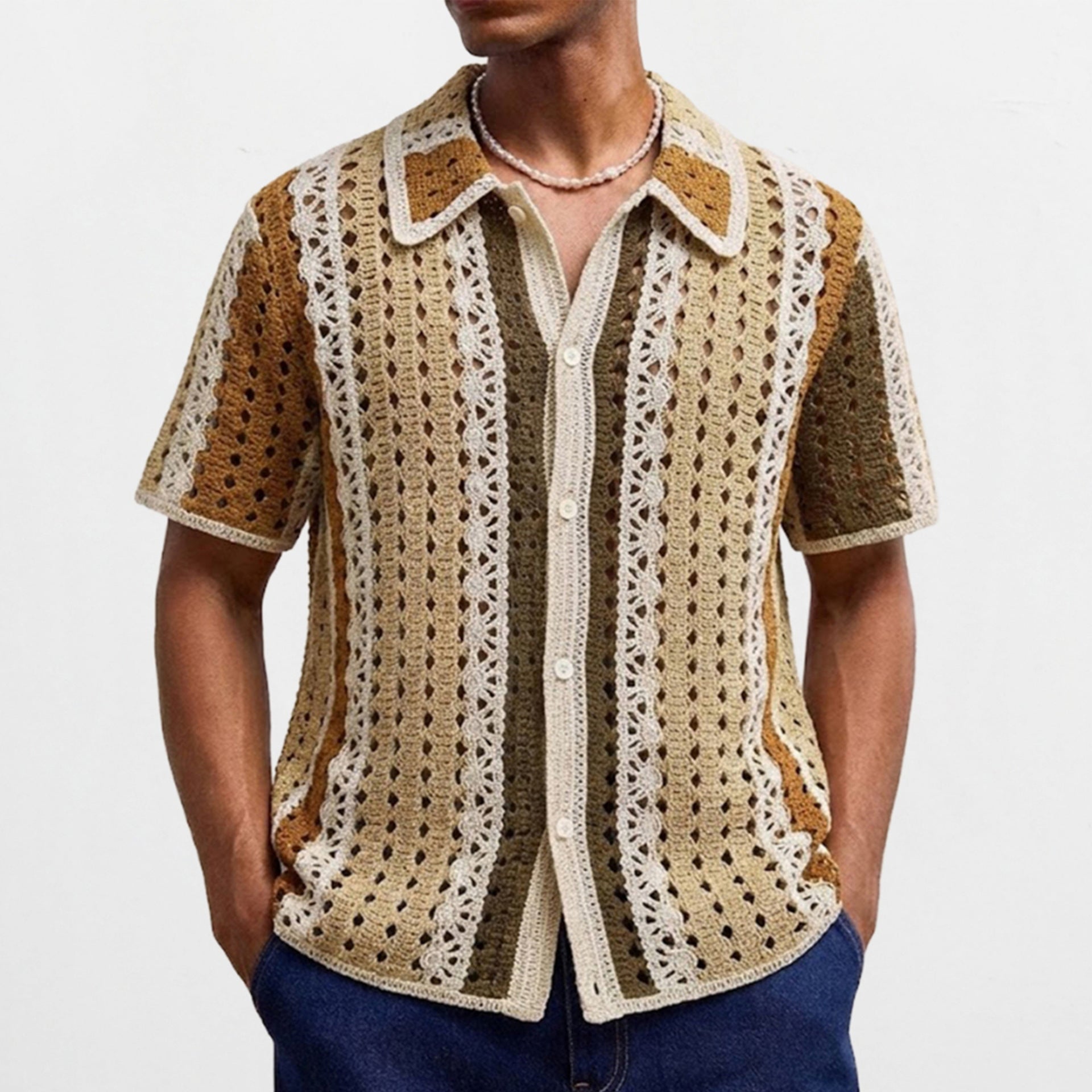 Vintage Khaki Crochet Cabana Shirt