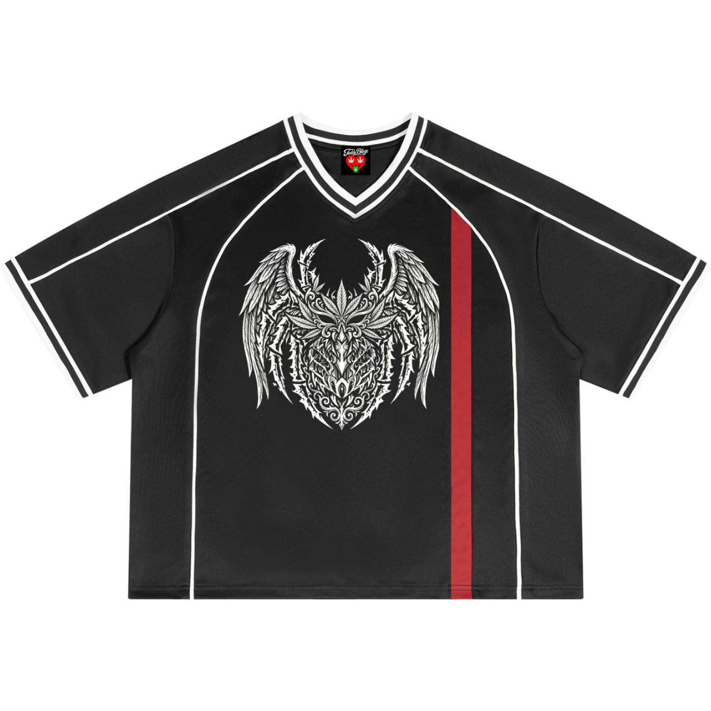 A black short-sleeve V-neck jersey-style shirt with white piping, a large white winged skull graphic on the chest, and a vertical red stripe on the right side, shown on a plain white background.