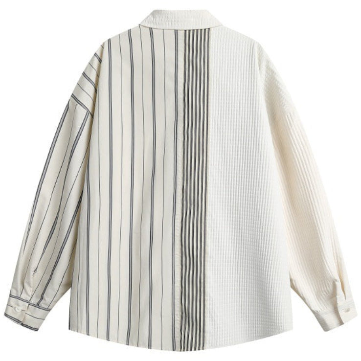 Shop the Iron + Ivy Patchwork Seersucker Pinstripe Overshirt by Teddy Blaze. Japanese workwear-inspired beige cotton-blend shirt featuring asymmetrical striped textures.