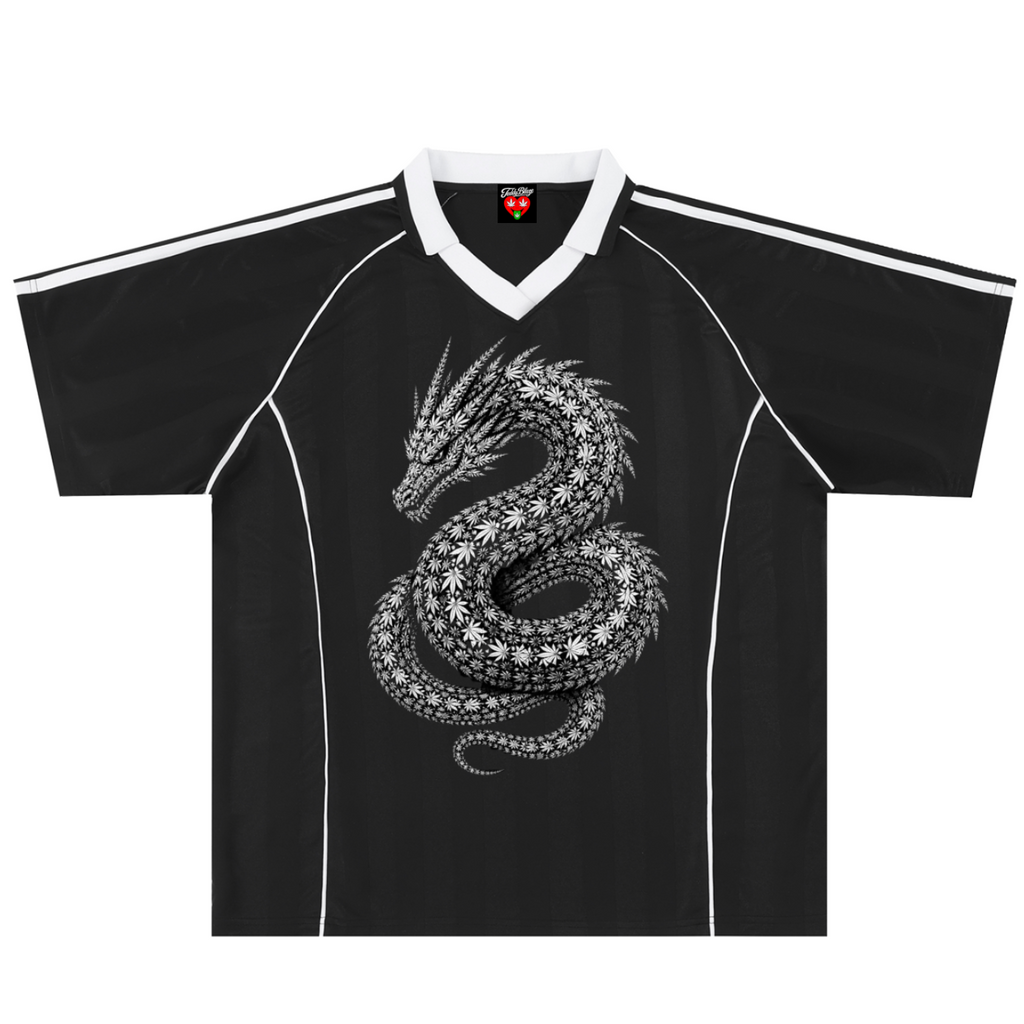 A black short-sleeve athletic-style shirt with a white V-neck collar, white shoulder stripes, and a large white dragon graphic printed on the front, shown on a plain white background.