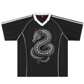 A black short-sleeve athletic-style shirt with a white V-neck collar, white shoulder stripes, and a large white dragon graphic printed on the front, shown on a plain white background.