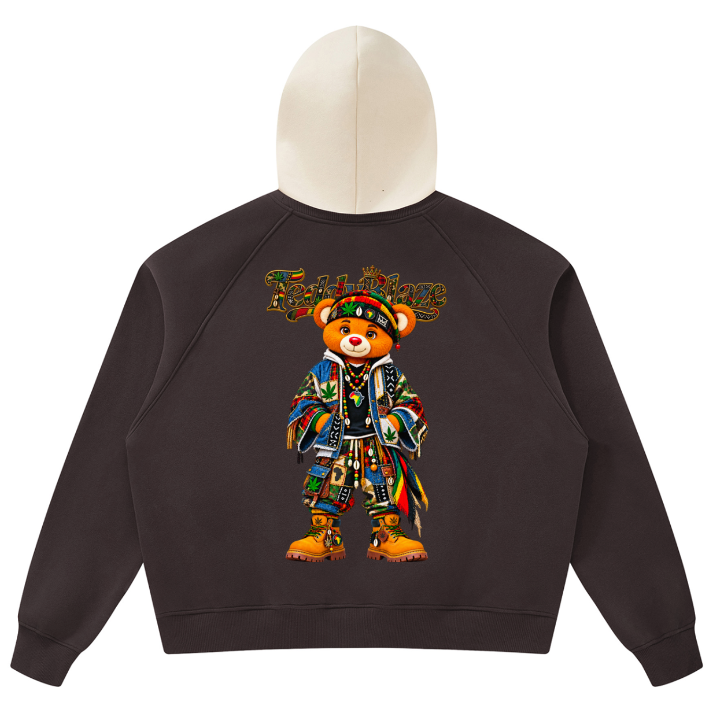 Heavyweight Teddy Blaze color-block fleece hoodie featuring Signature Bearatoo artwork, raglan sleeves and AfroBohemian patchwork graphics.