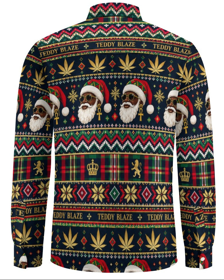 Shop the Iron + Ivy Black Santa Regal Holiday Fair Isle Peach Velvet Shirt by Teddy Blaze. Long sleeve peach velvet button-down featuring Black Santa graphics, cannabis leaves, and royal Fair Isle motifs.