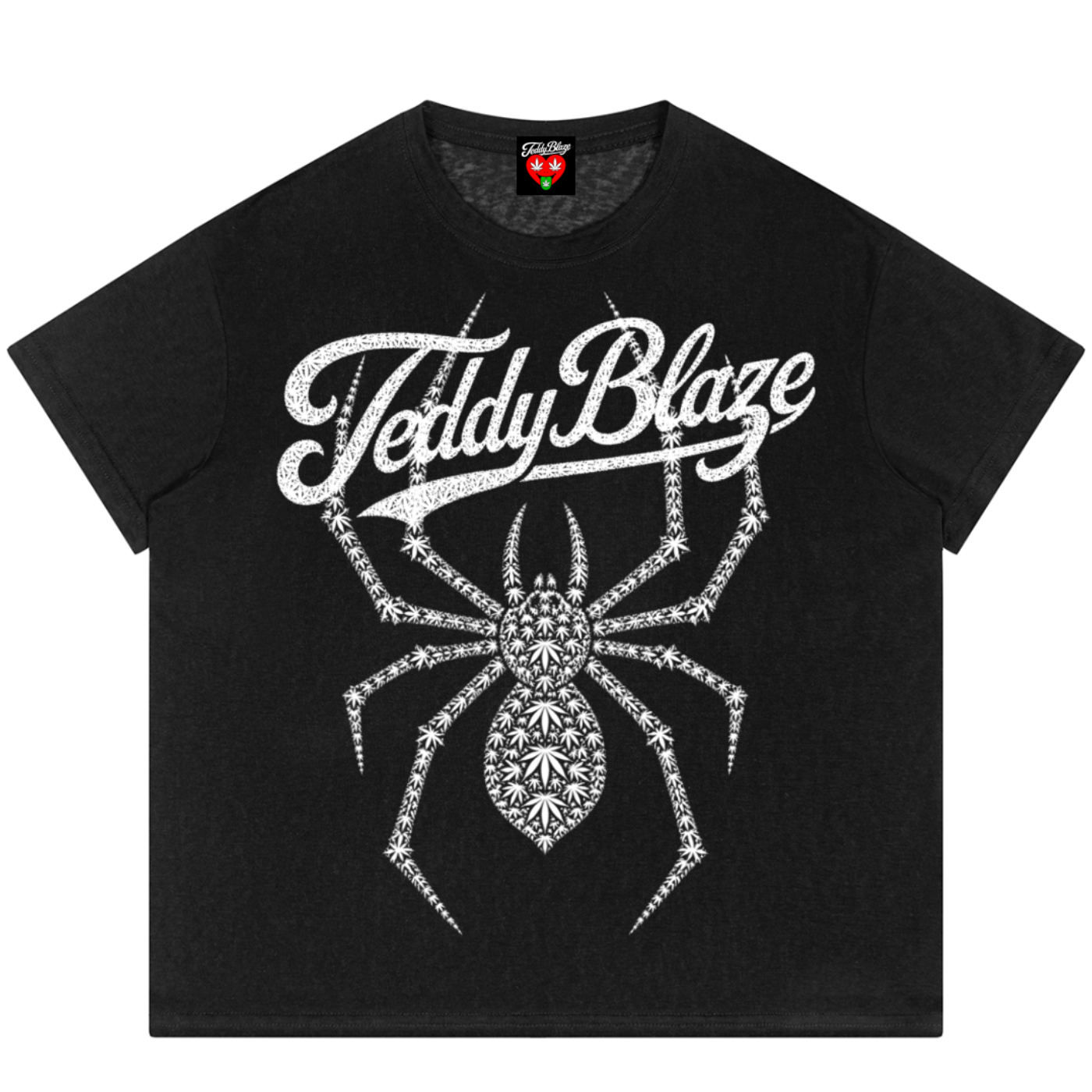 A black short-sleeve t-shirt with a white graphic print featuring the text 'Teddy Blaze' in a stylized font and a large spider design made of small diamond-like shapes, shown on a plain white background.