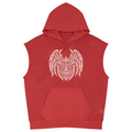 A red sleeveless mesh hoodie with a white graphic of a horned creature on the chest, displayed against a solid white background.
