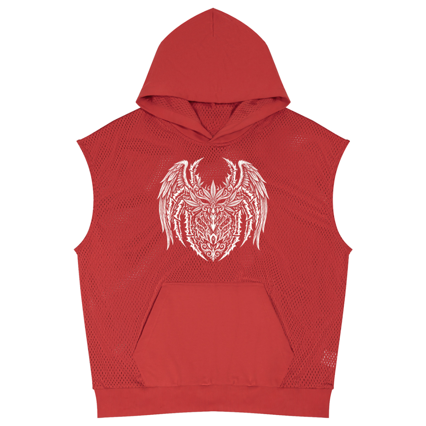A red sleeveless mesh hoodie with a white graphic of a horned creature on the chest, displayed against a solid white background.