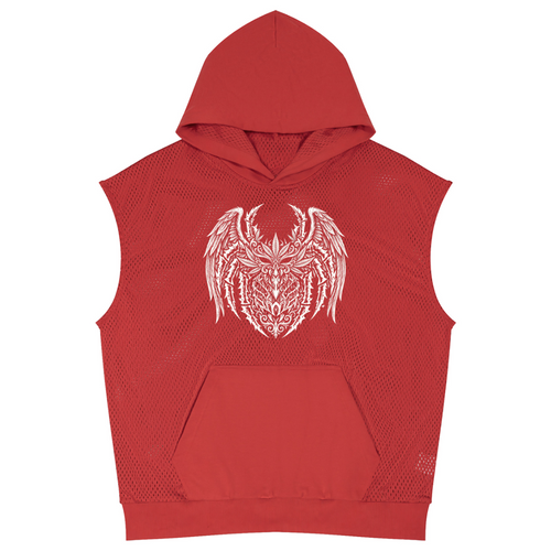 A red sleeveless mesh hoodie with a white graphic of a horned creature on the chest, displayed against a solid white background.