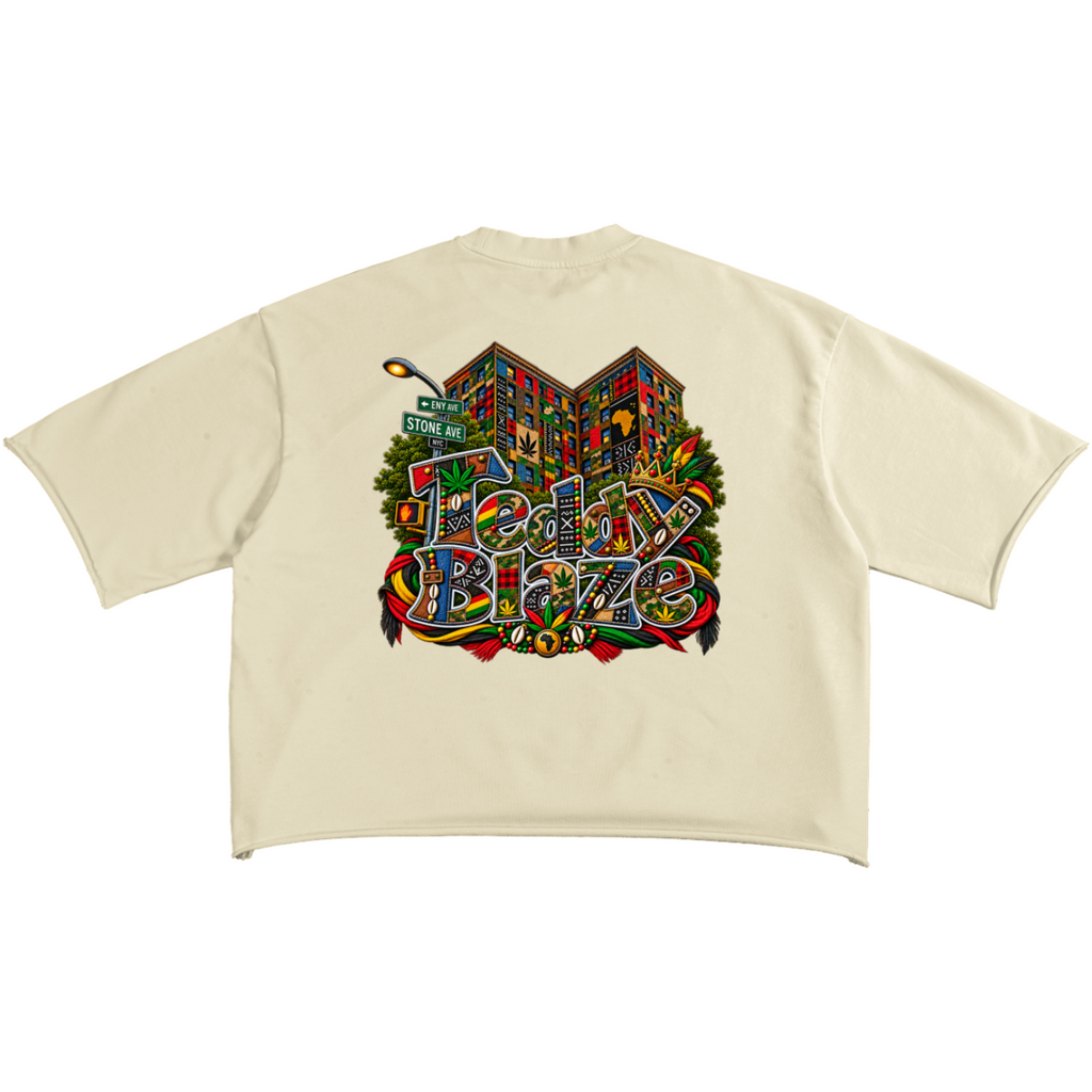 Shop the Teddy Blaze Boho French Terry Raw Edge Tee featuring Teddy Blaze Boho, East New York artwork and an oversized 8 oz cotton-blend silhouette.