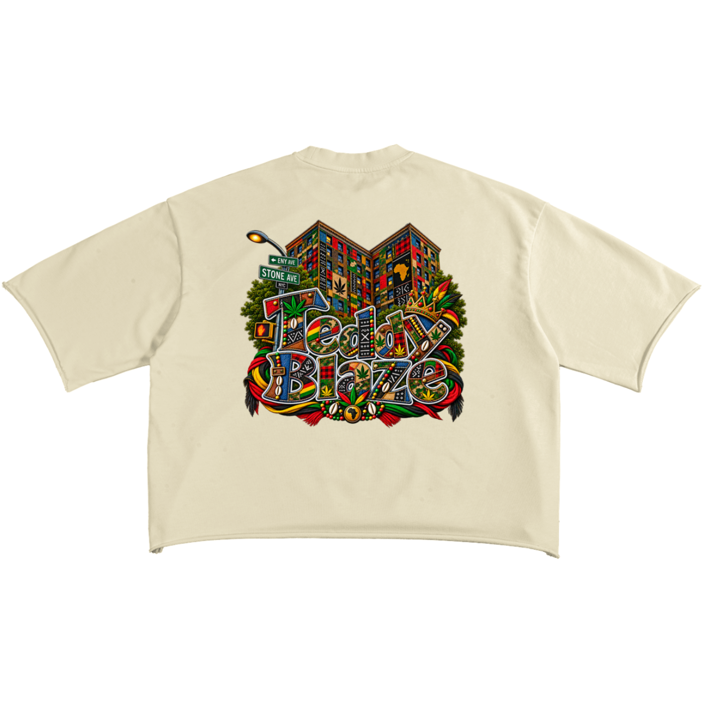 Shop the Teddy Blaze Boho French Terry Raw Edge Tee featuring Teddy Blaze Boho, East New York artwork and an oversized 8 oz cotton-blend silhouette.