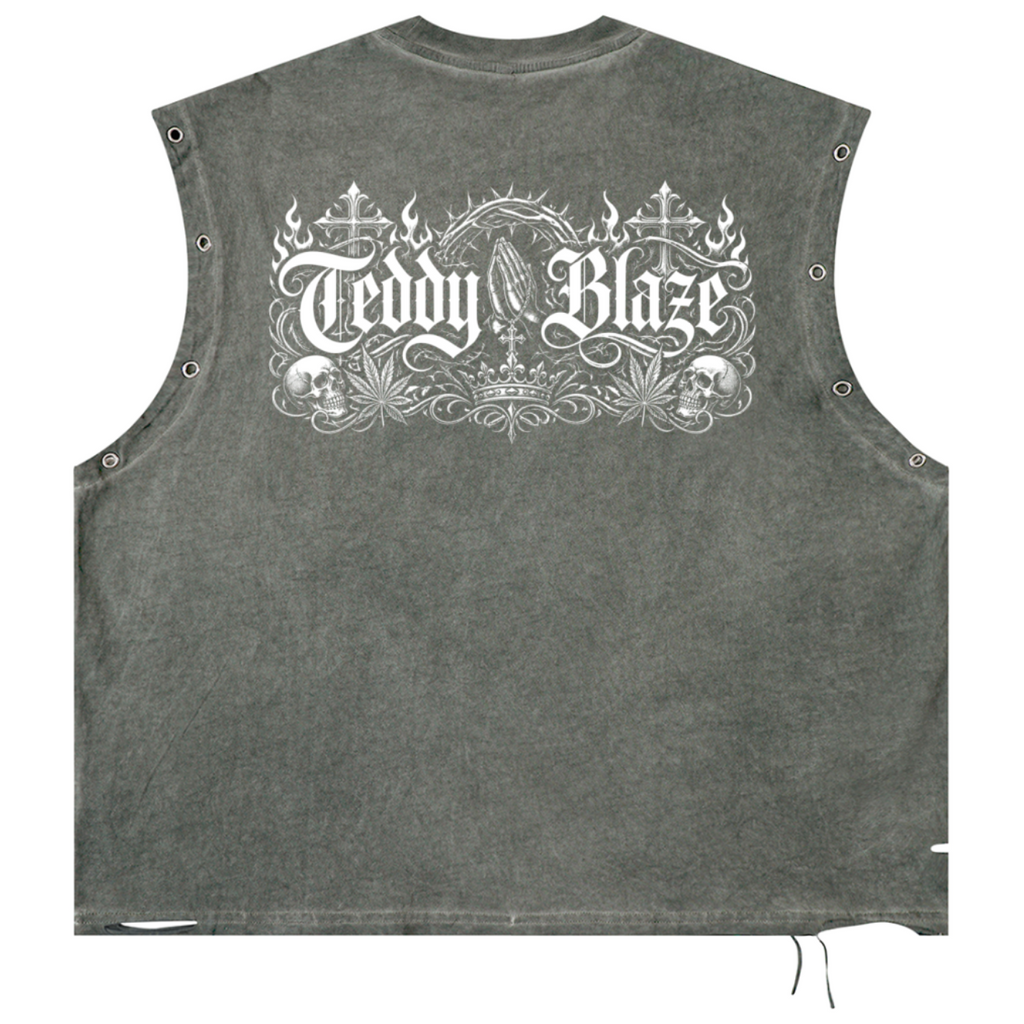 Shop the Signature Blazehead Distressed Grommet Eyelet Tank by Teddy Blaze. 270 GSM vintage washed charcoal cotton tank with silver eyelets from THE BLAZE MAN.