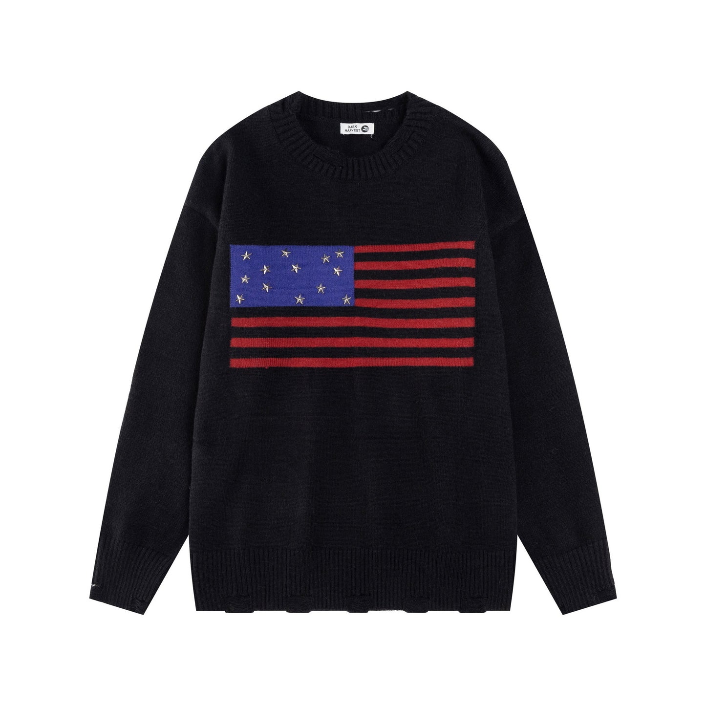 Studded Star Detail Flag Jacquard Knit Pullover Sweater