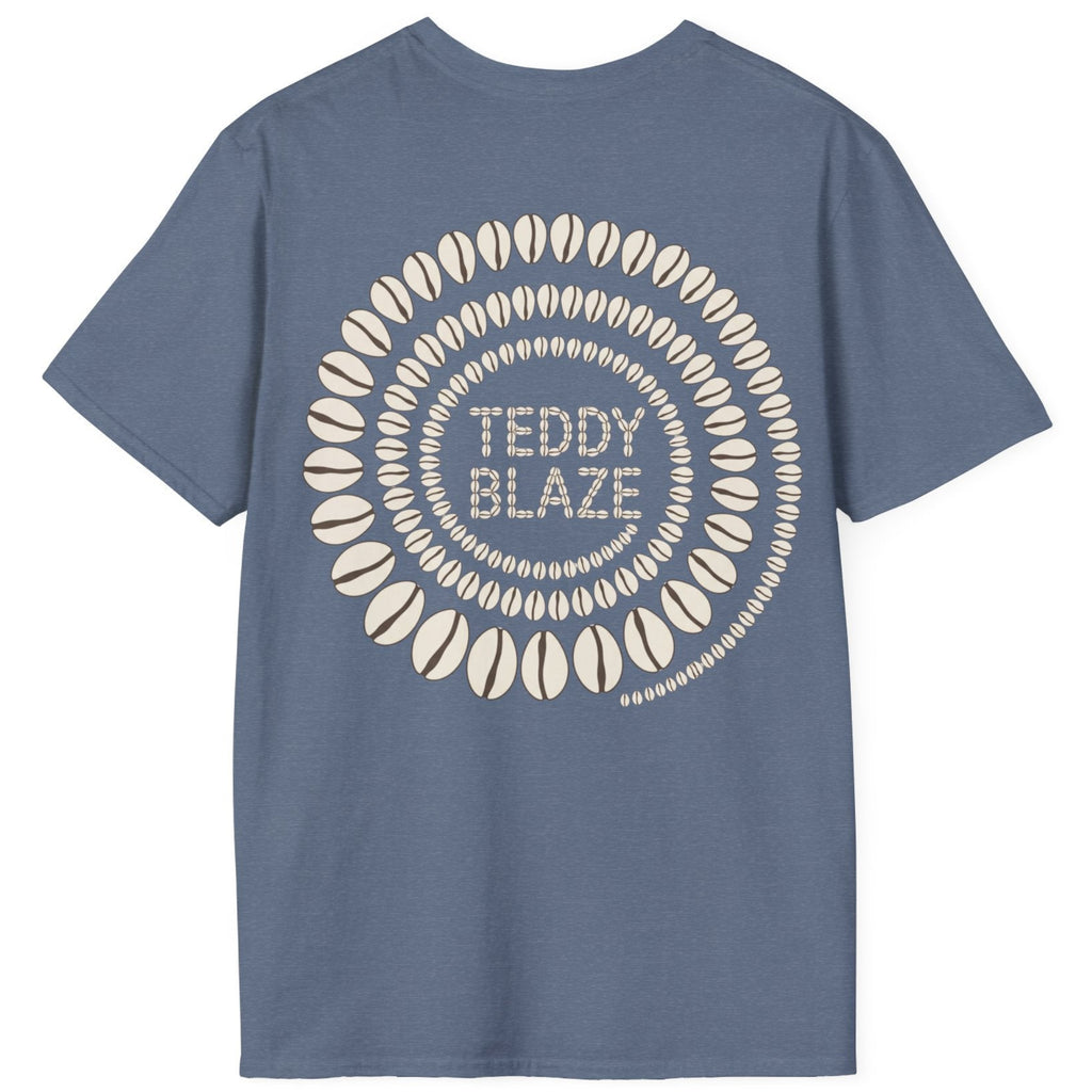 A slate blue short-sleeve t-shirt with a circular graphic on the back featuring the text 'TEDDY BLAZE' in the center surrounded by concentric rings of stylized surfboards, shown on a plain white background.