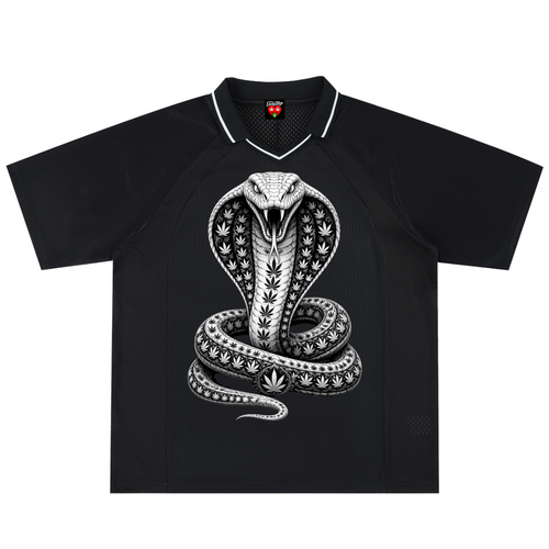 A black short-sleeve polo shirt featuring a large white and gray graphic of a cobra snake coiled in the center, with a white collar trim and a small red logo on the inner neck label.