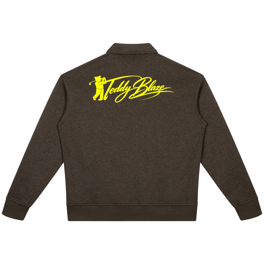 Shop the Signature Long Sleeve Golf Polo by Teddy Blaze. Heavyweight 350 gsm espresso brown quarter-zip golf polo featuring yellow golf script branding and a lapel collar.