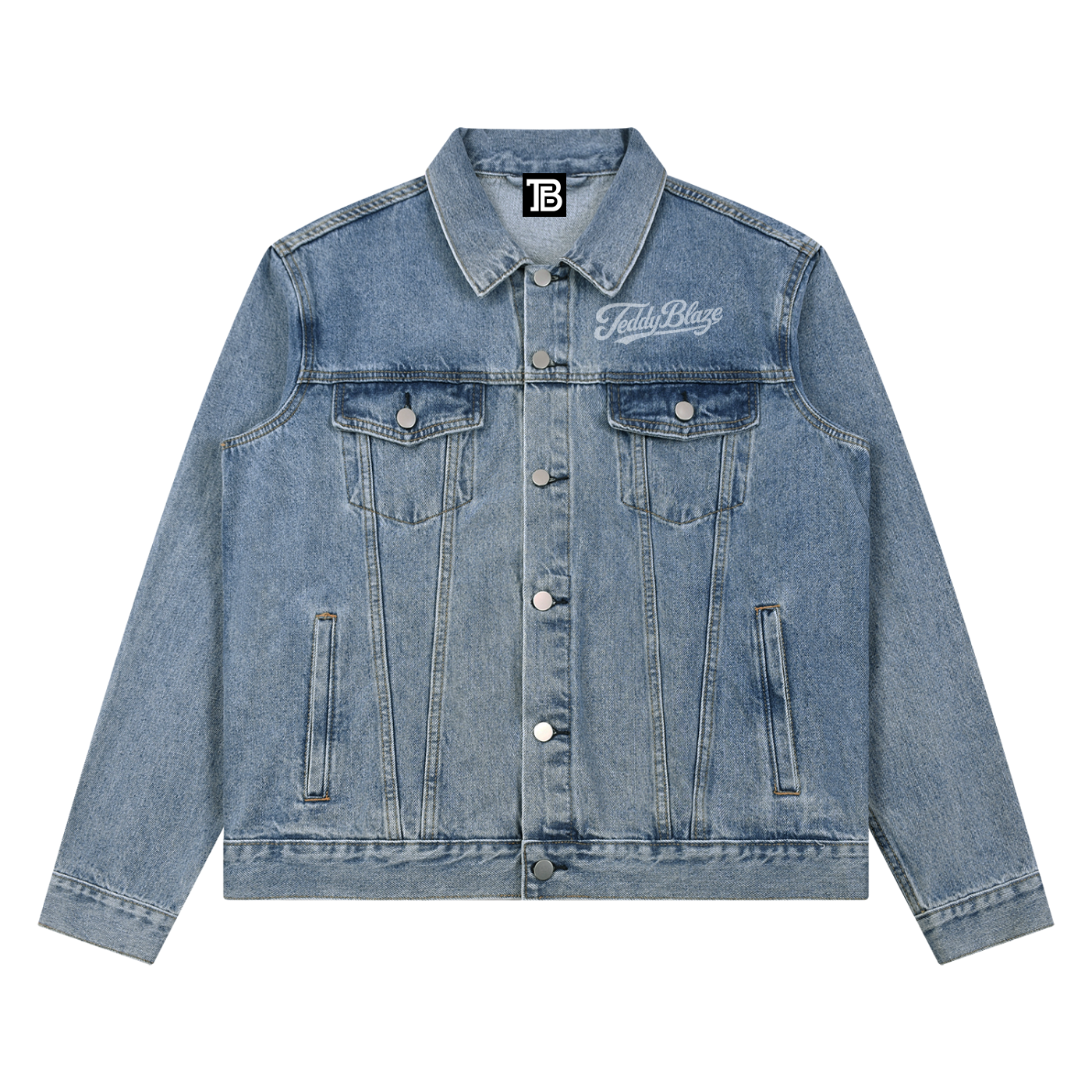 A unisex washed denim jacket with a subtle Signature chest hit, heavyweight cotton-blend denim, and timeless BK Collection streetwear style.