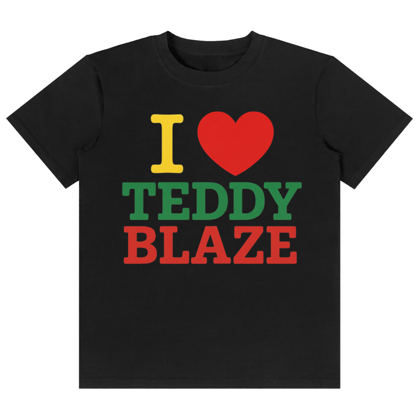 A black short-sleeve crewneck t-shirt featuring a graphic print that reads 'I [red heart] TEDDY BLAZE' in yellow, green, and red block letters, displayed on a solid white background.