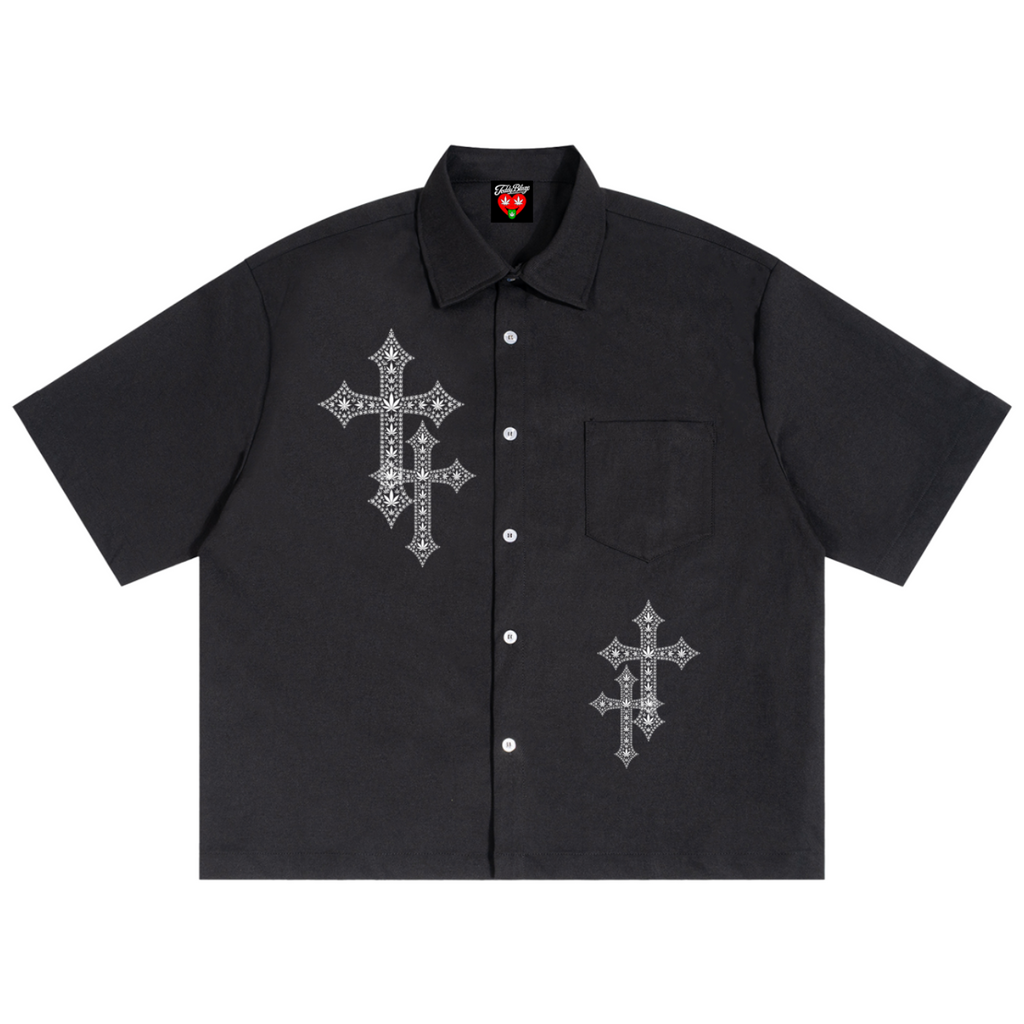 Black t-shirt with white graphic and text on a white background