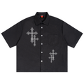 Black t-shirt with white graphic and text on a white background