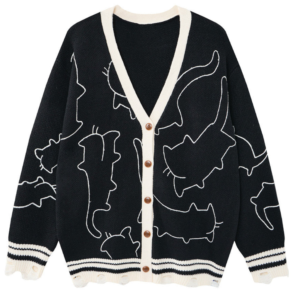 Shop the Iron + Ivy Abstract Feline Line-Art Cardigan by Teddy Blaze. Oversized coffee brown acrylic knit cardigan featuring contrast white line-art cat graphics and distressed hem detailing.