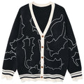 Shop the Iron + Ivy Abstract Feline Line-Art Cardigan by Teddy Blaze. Oversized coffee brown acrylic knit cardigan featuring contrast white line-art cat graphics and distressed hem detailing.