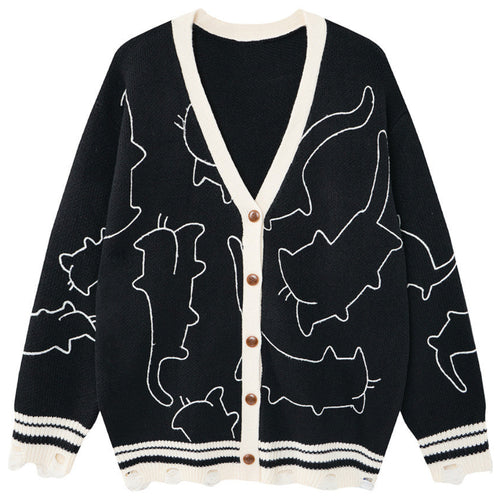 Shop the Iron + Ivy Abstract Feline Line-Art Cardigan by Teddy Blaze. Oversized coffee brown acrylic knit cardigan featuring contrast white line-art cat graphics and distressed hem detailing.