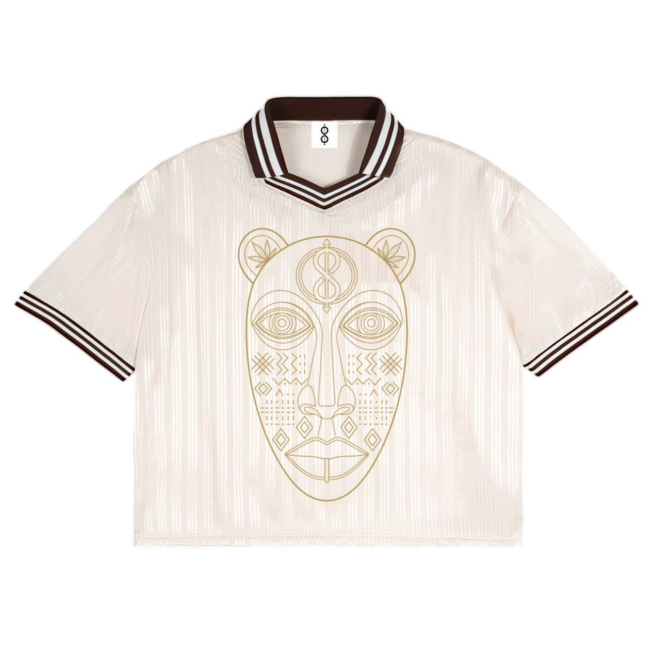 An off-white short-sleeve V-neck jersey with a gold tribal face graphic on the front, featuring dark brown and white striped trim on the collar and cuffs.