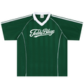A dark green short-sleeve soccer jersey with white trim, featuring a white V-neck collar, white shoulder stripes, and 'Teddy Blaze' printed in white script across the chest.