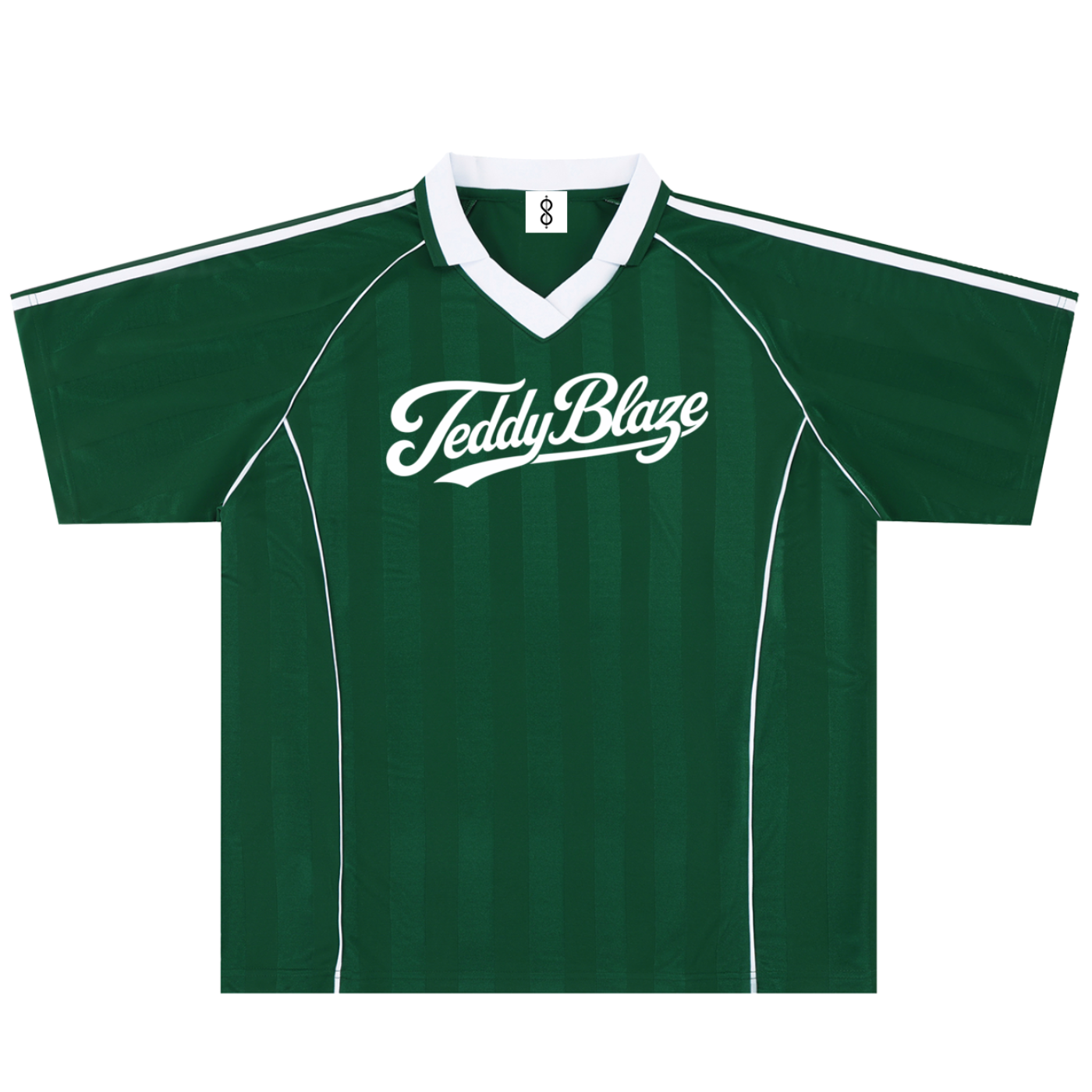 A dark green short-sleeve soccer jersey with white trim, featuring a white V-neck collar, white shoulder stripes, and 'Teddy Blaze' printed in white script across the chest.
