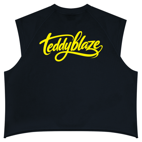 Shop the Signature Raw Edge Tank by Teddy Blaze. Heavyweight 250 gsm cotton-blend loose fit V-neck tank top featuring yellow script branding and raw hem detailing.