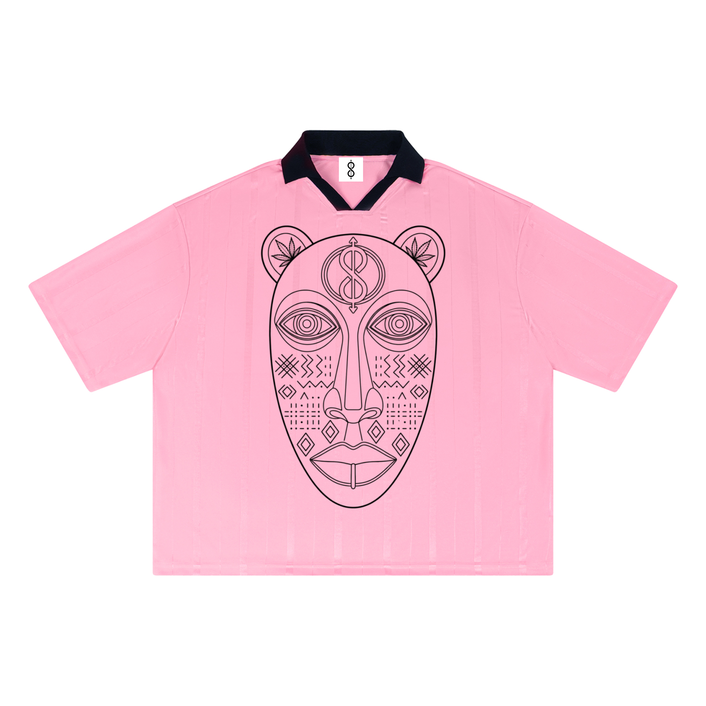 A pink short-sleeve polo shirt with a black collar and a large black line-art graphic of a stylized face on the front, shown against a plain white background.
