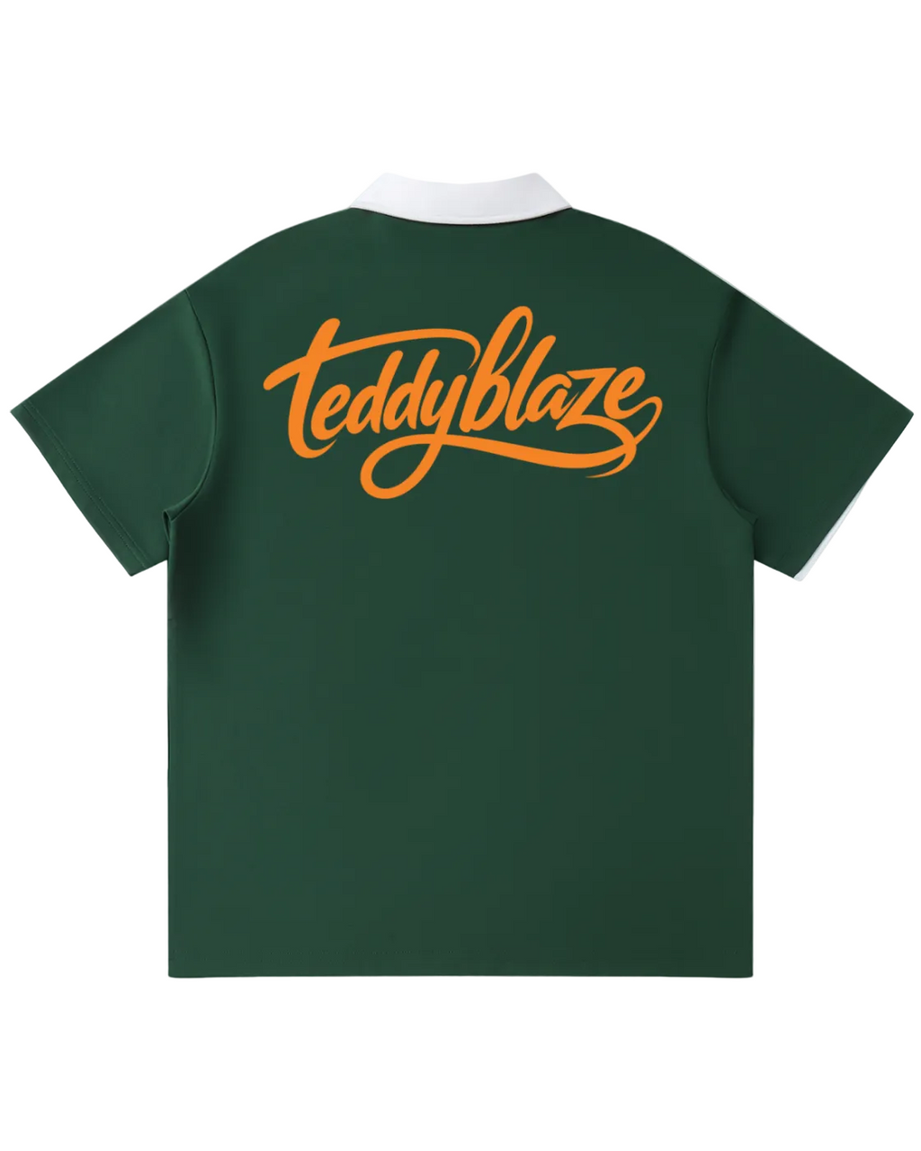 Shop the Iron + Ivy Signature Contrast Collar Raglan Polo by Teddy Blaze. Forest green 220 GSM short-sleeve polo with white contrast lapel collar, raglan sleeves, and orange back script.