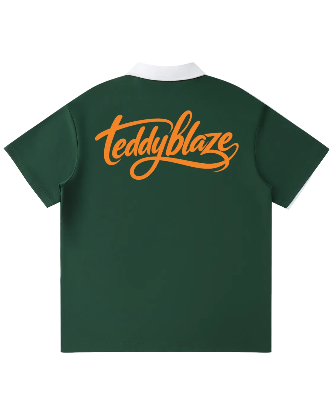 Shop the Iron + Ivy Signature Contrast Collar Raglan Polo by Teddy Blaze. Forest green 220 GSM short-sleeve polo with white contrast lapel collar, raglan sleeves, and orange back script.