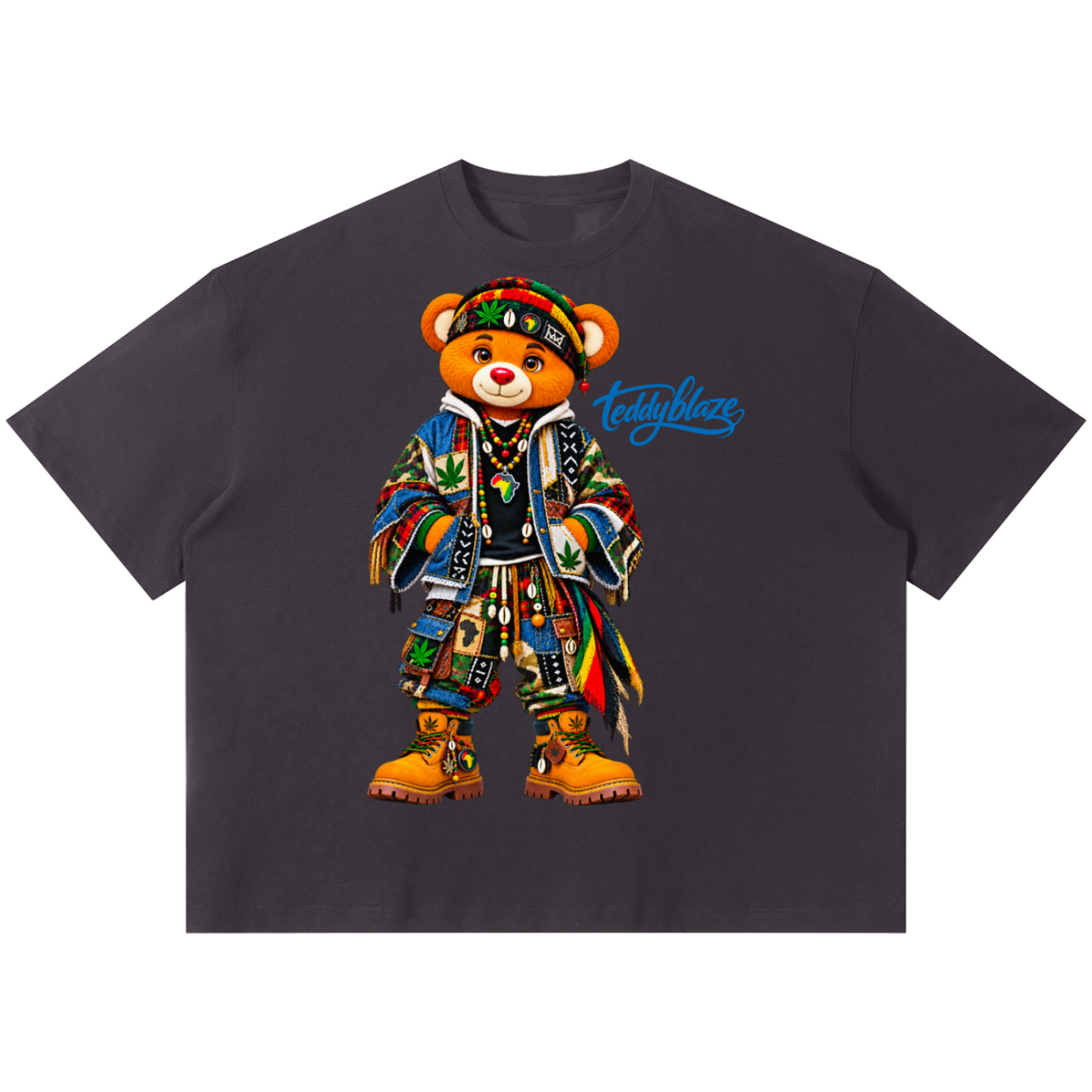 Shop the Teddy Blaze Boho Boxy Tee. 220 GSM cotton-poly oversized drop-shoulder t-shirt with boho bear graphic from TOPS BY TEDDY BLAZE.