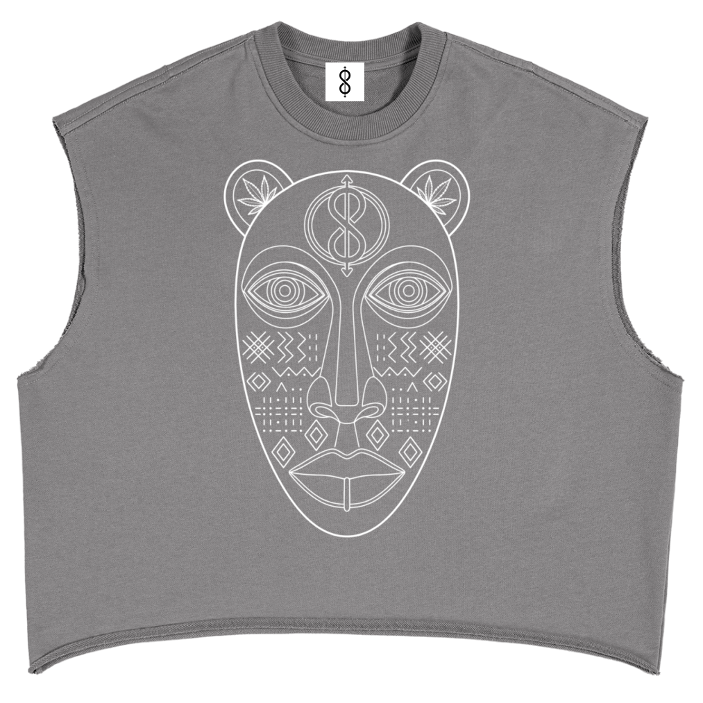 Gray sleeveless shirt with white text on a white background